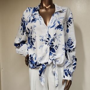 Ellen Tracy Navy and White Leaf Print Blouse